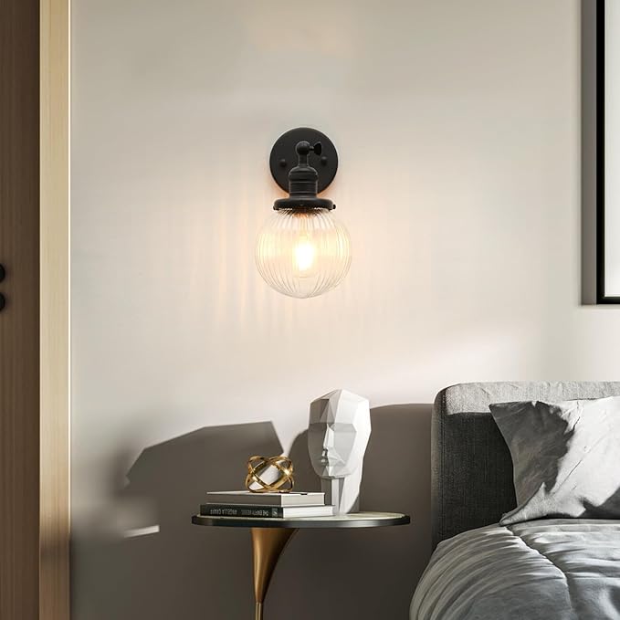 Phansthy 1-Light Wall Sconce, Brass Boho Bathroom Vanity Light, Modern Wall Light with Globe Glass Shade E26 Base, Adjustable Wall Lighting Fixtures for Bedroom, Living Room (Black, Striped Shade)