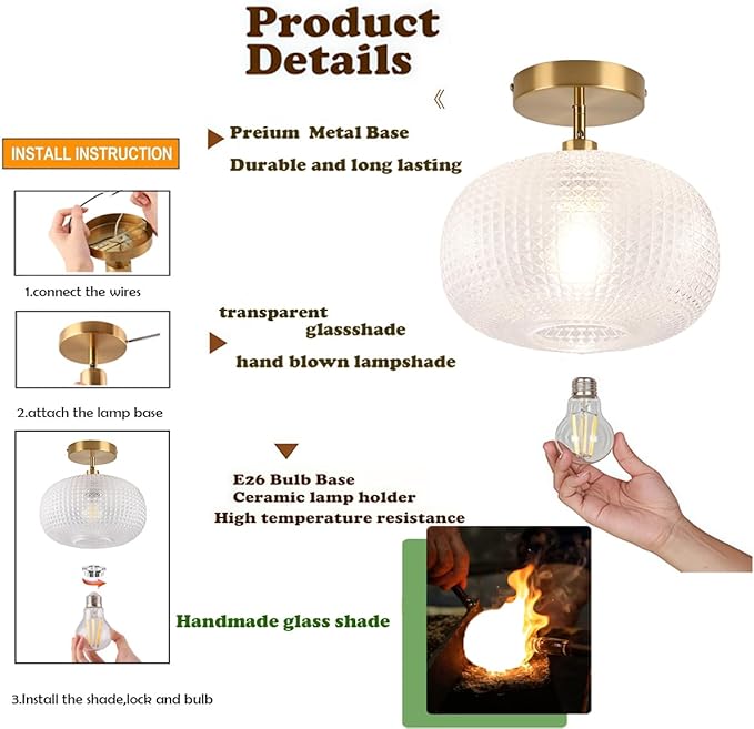 Gold Semi Flush Mount Ceiling Light Fixture,Hallway Light Fixtures,Vintage Ceiling Light Fixture,Globe Glass Ceiling Fixture,Hanging Ceiling Lamp,Farmhouse Lighting for Bathroom Entryway Bedroom