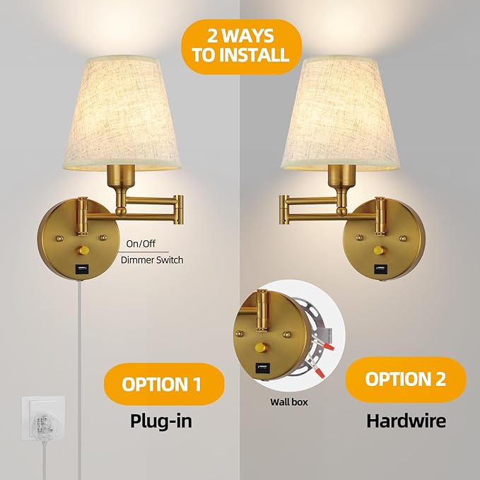 Bedside Wall Mount Light with Dimmable Switch and USB Port, Gold Swing Arm Fabric Shade Wall Sconce Light with Plug in Cord, Wall Lamp Perfect for Bedroom, Living Room and Hotel