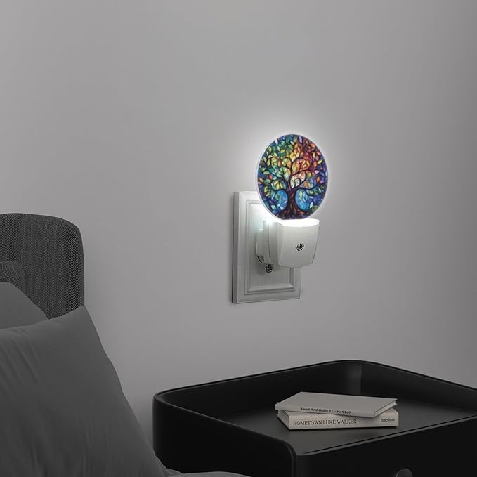 Round LED Night Lights Lamp with Dusk to Dawn Sensor, Circular Stained Glass Design of The Tree of Life Night Light Plug Into Wall for Kids Room, Bedroom, Bathroom, Kitchen, Hallway