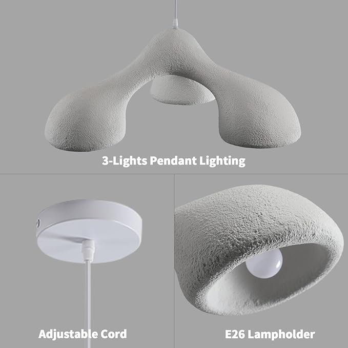 JAYMP 3-Lights Pendant Light Fixture for Dining Room Kitchen Island Restaurant Farmhouse E26 Base Mid Century Modern Hanging Lamp 1 Pack (Matte White,E Shape, 72cm/28.3in)