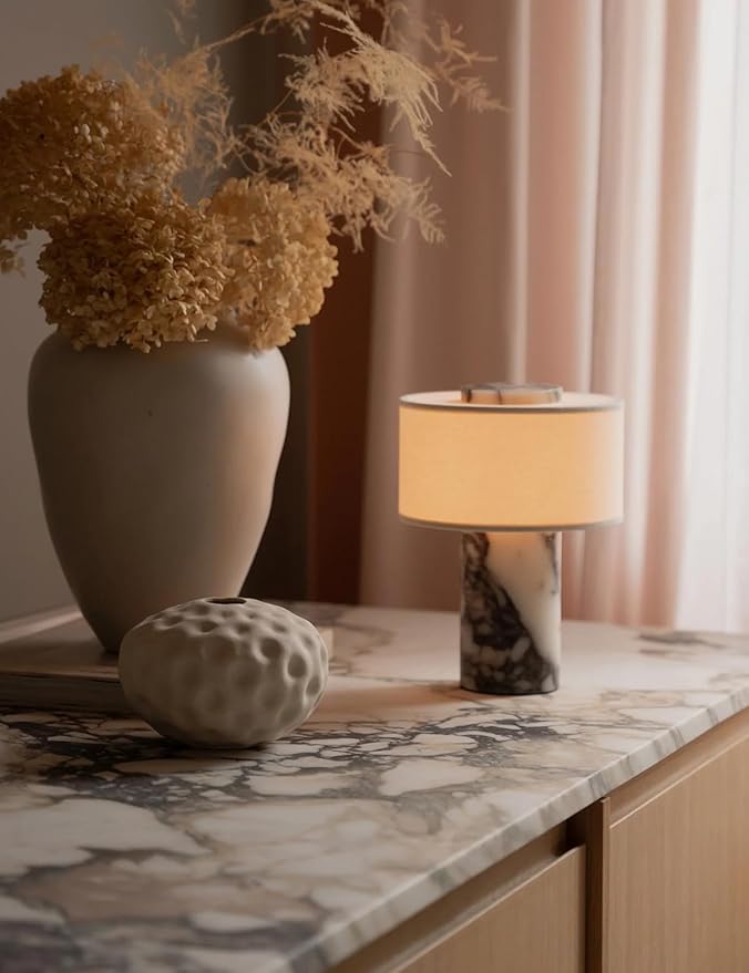 BSOD Marble Table Lamp, Natural Stone Lamps Collection - 10 inch Modern Luxury Design Decorative Light for Entry, Console, Bedroom, Living Room, Counter & Kitchen (Plug-in Calacatta Viola Lamp)