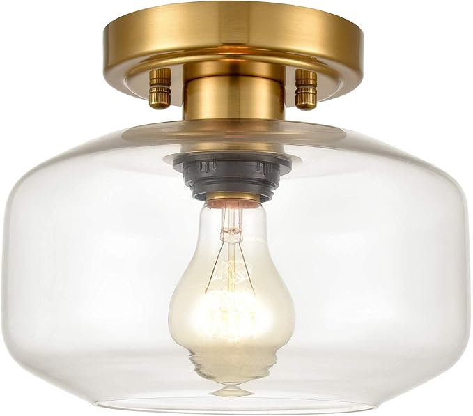 Modern Small Semi Flush Mount Ceiling Light Glass Brass Gold Ceiling Lights Hallway Fixtures, 1-Light