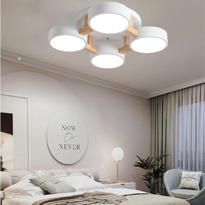 LED Ceiling Light Fixture,20 Inch 4-Lights Modern Ceiling Lights Flush Mount Wooden 44W Chandelier for Living Room Bedroom Kitchen,Dimmable 3000K/4000K/6000K Temperatures Selectable, White