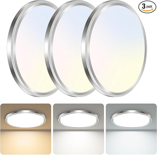 libtit 3Pack Led Ceiling Light 13Inch, 24W 2400Lm Bright Light Fixture Brushed Nickel, Adjustable 3000K/4500K/6000K, Modern Slim Flat Ceiling Lamp for Living Room Bedroom Hallway