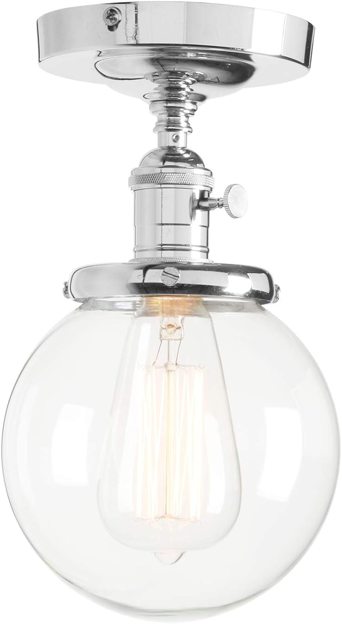 PERMO Modern Small Semi Flush Mount Ceiling Pendant Light Glass Ceiling Lights Hallway Fixtures with Flate Ribbed Glass Lampshade, 1-Light (Chrome, 301)
