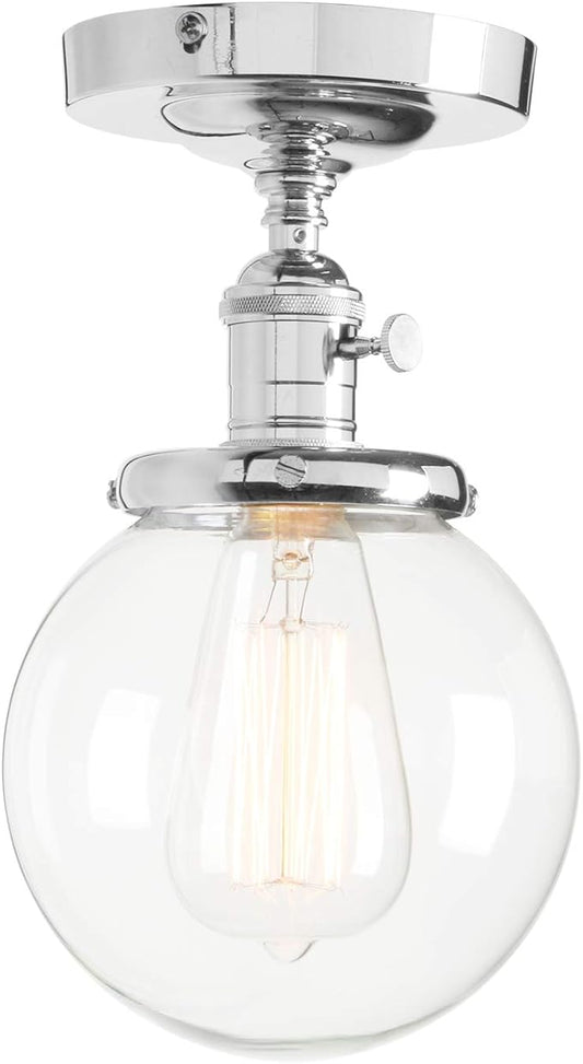 PERMO Modern Small Semi Flush Mount Ceiling Pendant Light Glass Ceiling Lights Hallway Fixtures with Flate Ribbed Glass Lampshade, 1-Light (Chrome, 301)