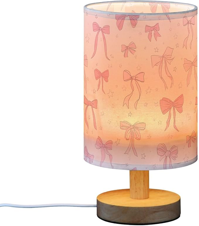 Aslsiy Cute Coquette Ribbon Bow Bedside Table Lamp Pink Star Nightstand Lamp Night Light Fabric Shade for Bedroom Living Room Home Office