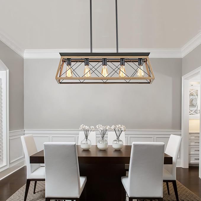 HuixuTe 5-Light Farmhouse Dining Room Chandelier Over Table, Rustic Kitchen Island Lighting, Adjustable Height Pendant Light for Kitchen, Dining Room Table Rustic Wood