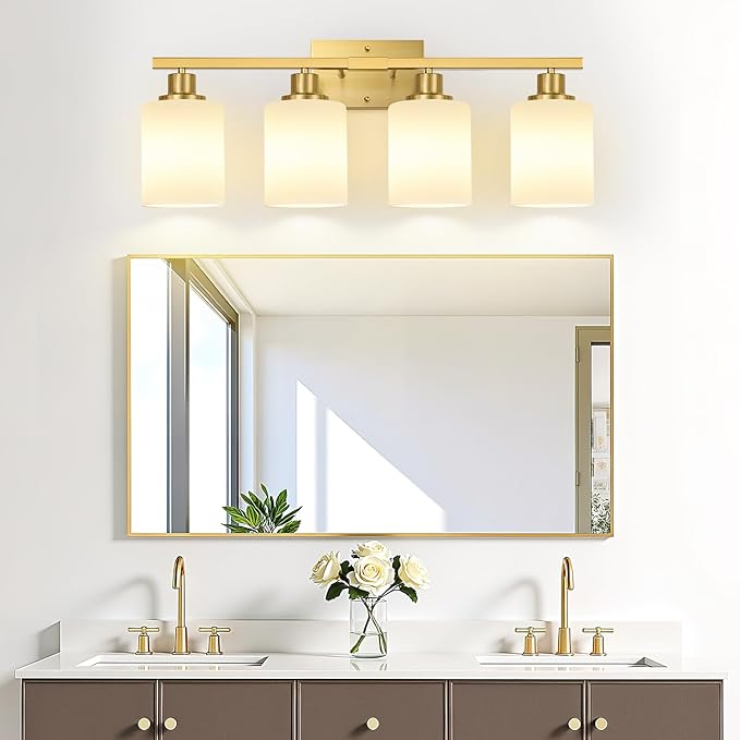 MOKATNG 4-Light Bathroom Light Fixtures, Brushed Gold Vanity Light with Milky White Shades, Bathroom Lighting Fixtures Over Mirror, Modern Bathroom Wall Lamp for Mirror Living Room Cabinet Bedroom