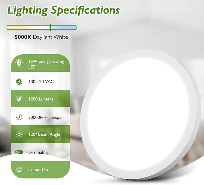 LED Flush Mount Ceiling Light Fixture, 100W Equivalent Modern Kitchen Recessed Ceiling Lamp 5000K Daylight White 15W 1200Lm 7 Inch Closet Round Surface Mount for Laundry Bedroom Hallway(Pack of 6)