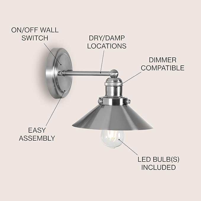 JONATHAN Y 7.8" Nickel 1-Light Industrial Farmhouse Metal Vanity Light Wall Sconce, Metal Shade for Bathroom Mirror, Kitchen, Entryway, LED Bulb Included (JYL7426B)