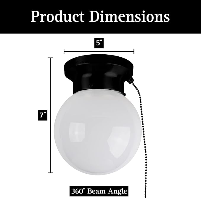 Ultralux 6" Utility LED Glass Flush Mount with Pull Chain - Globe Light Fixture - 500 Lumens 3000K Light Fixture for Closet, Pantry, Shed, Laundry Room - ETL-Certified (Matte Black, 6-Pack)