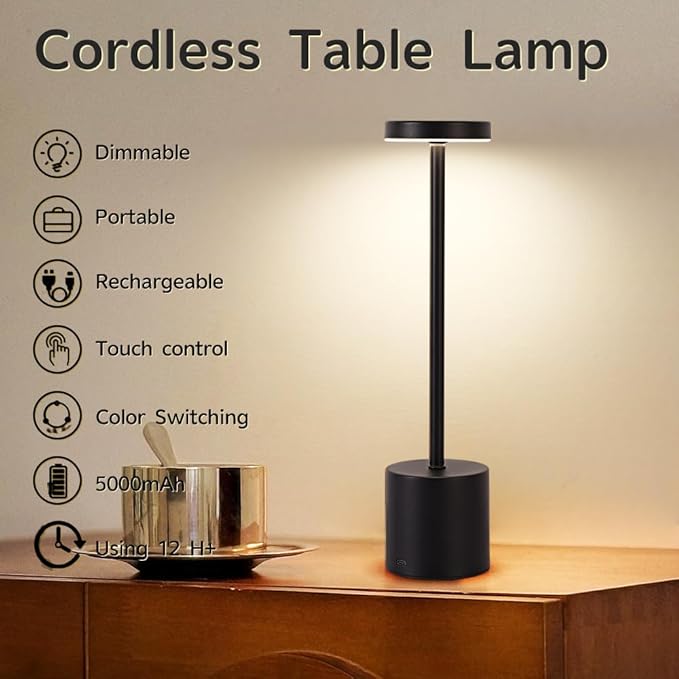 Cordless Table Lamp Set of 2, 5000mAh Rechargeable Battery Powered LED Table Light, Portable Touch Dimming Outdoor Touch Lamps,3 Color Light for Restaurant,Patio,Bedroom,Camping,Cofee (Black)