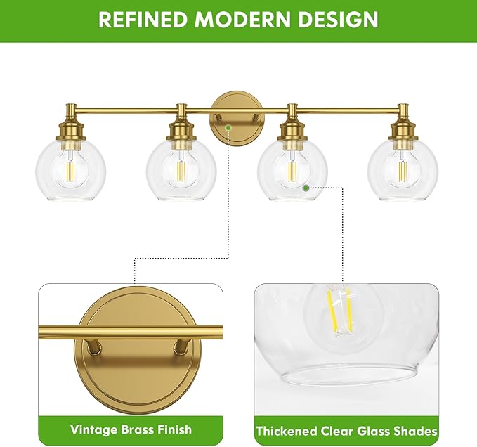 Bathroom Light Fixtures, 4-Light Brushed Gold Vanity Light Globe Glass Shades, Bathroom Lighting Fixtures Over Mirror, Wall Sconces for Master Bathroom, Guest Bathroom, Powder Room, 28-inch