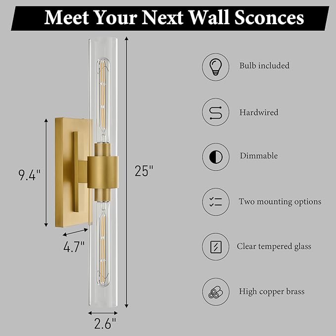Champagne Brass Bathroom Wall Sconce - Set of 2 Modern Gold Light Sconces - Clear Glass Tube Vanity Lights - Vertical or Horizontal Mounted Dimmable Lighting Fixtures for Indoor Living Room Hallway