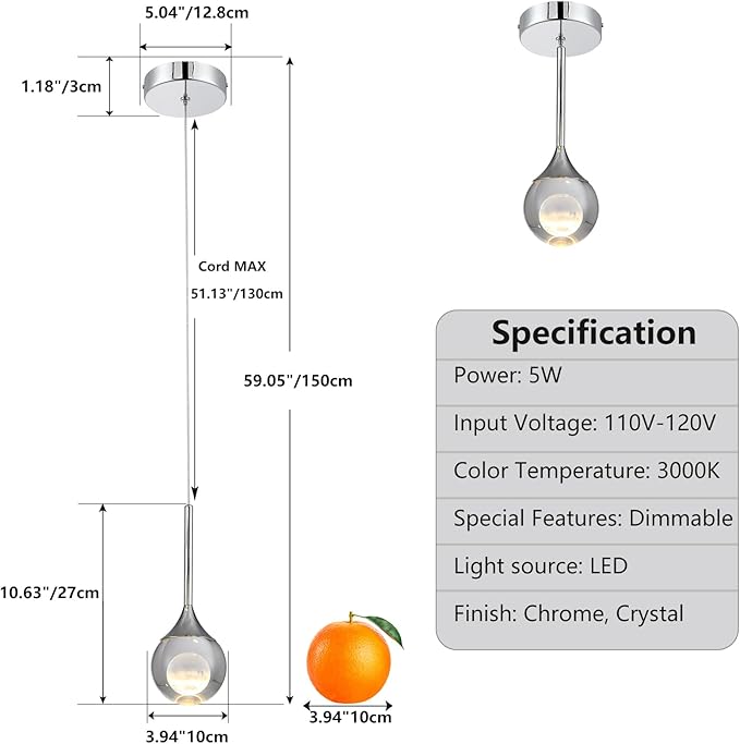 2 Packs Modern Crystal Pendant Light Chrome Globe Ceiling Hanging Light Fixture Moon Teardrop Kitchen Island Light Dimmable LED Mini Chandelier for Dining Room Bedroom Living Room, 3000K