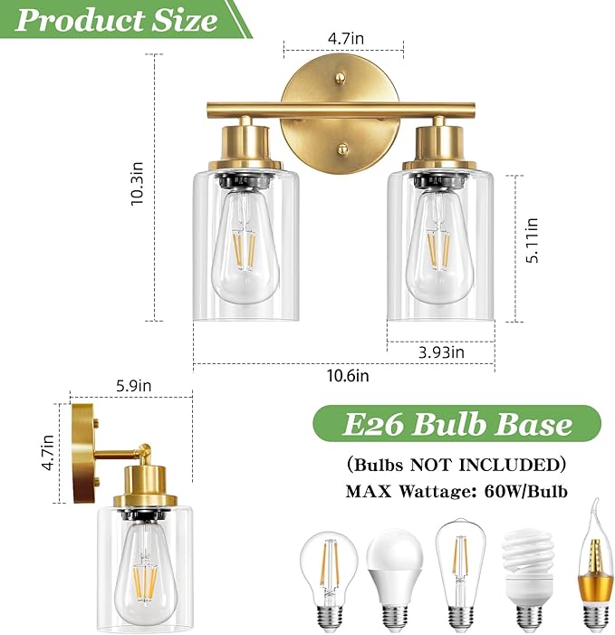 2-Light E26 Bathroom Light Fixtures, Modern Brushed Gold Vanity Lights for Bathroom with Clear Glass Shade, Mirror Kitchen Hallway Cabinet Living Room Sconces Wall Lights