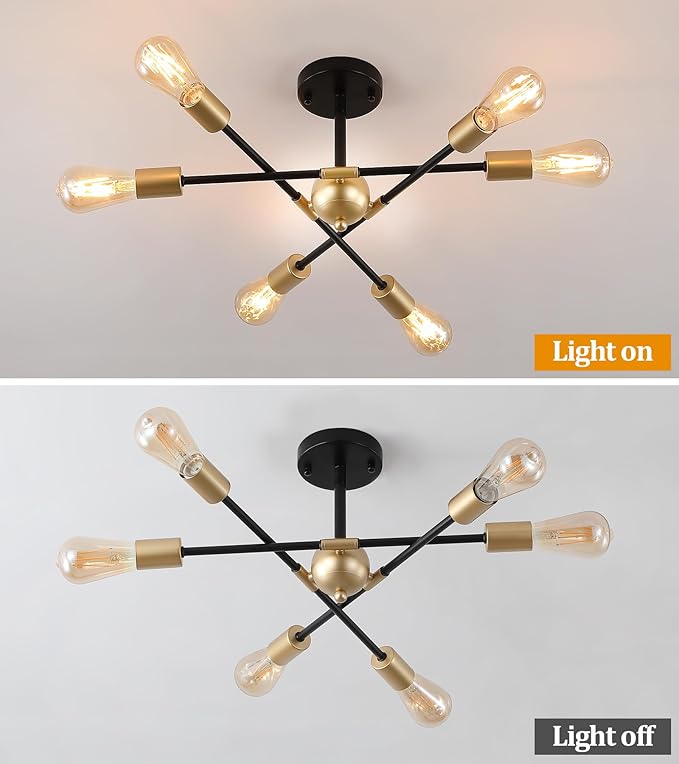 MEIXISUE Modern Semi Flush Mount Ceiling Light Fixture Black and Gold Close to Ceiling Light 6-Light Sputnik Chandelier Light Fixture for Hallway Entryway Bedroom Kitchen Dining Room UL Listed