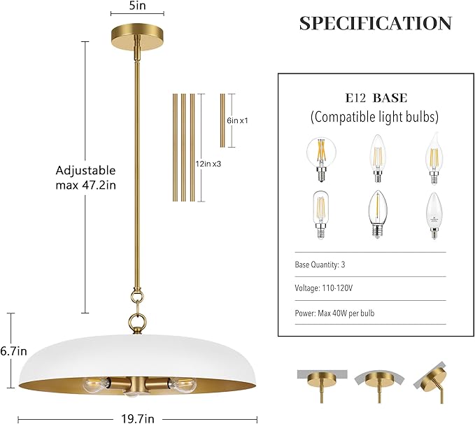 19.7 Inch Extra Large Pendant Light, 3-Light White and Gold All Metal Pendant Lighting Fixture, Oversized Modern Dome Chandelier Ceiling Hanging for Kitchen Island Dining Room Living Entryway