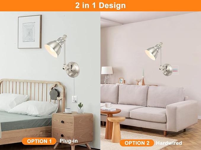 GOODATE 1 Pack Plug in Wall Sconce with Remote Control, Dimming, Adjustable Colors 2700K-6500K, Plug in Wall Light, Swing Arm Wall Lamp with Night Light & Timer, LED Bulb Included, Brushed Nickel