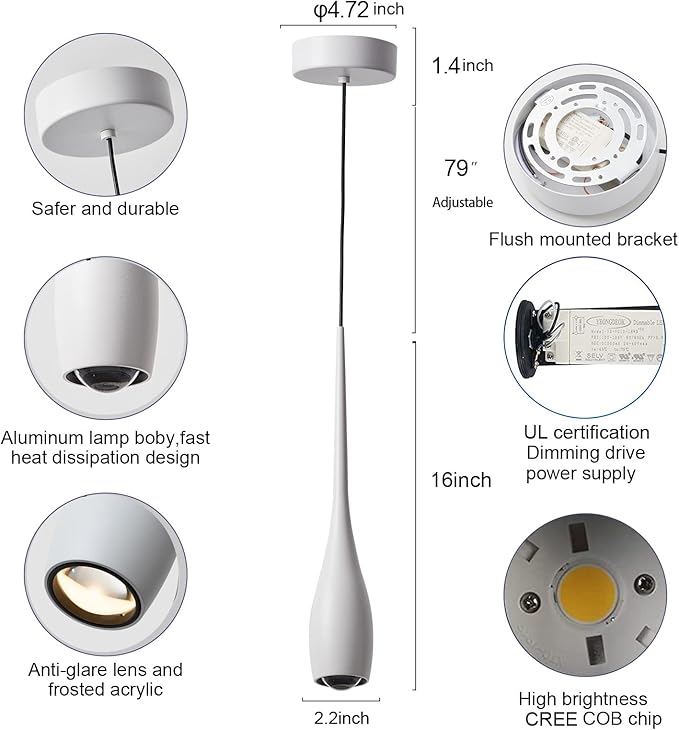White Pendant Light for Kitchen Island, LED Dimmable Pendant Light fixtures, Small Modern Industrial Hanging Pendant Light for Over Sink, Bar, Dining Room, Bedside