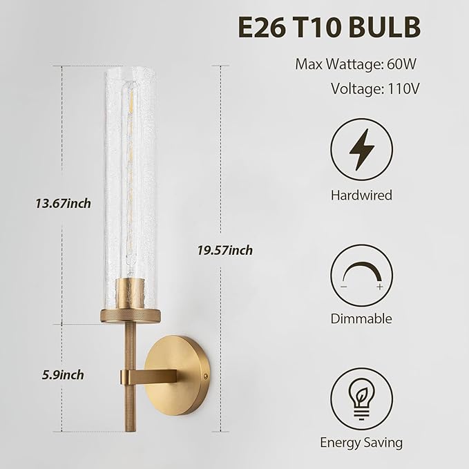 19.5" Knurled Brass Wall Sconces Set of 2, Gold Bathroom Vanity Light Fixtures with Crackle Glass Tube, Modern Lamp Lighting for Bedroom, Living Room, Hallway, Staircase, Mirror, Kitchen