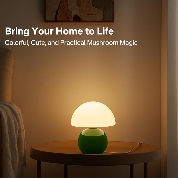 Dawnwake Mushroom Lamp Table Lamp for Bedroom,Desk Bedside Small Lamps for Living Room Night Stands,Mushroom Decor Cute Mini Modern Mid Century Lamps,Unique Aesthetic Living Room Decor(Dark Green)