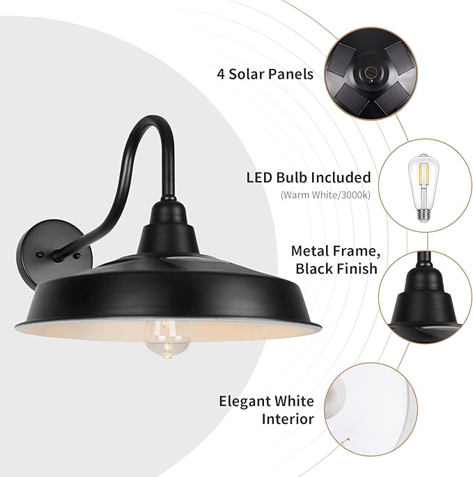 Solar Barn Lights Outdoor, 16 Inch Dome Wall Lights Solar Powered, Farmhouse Exterior Wall Sconce, Industrial Outside Light Fixtures, Rustic Lantern for Garage, Barn, Shed, RZSR020W-2
