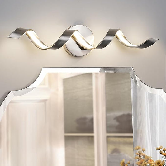 LED Modern Bathroom Vanity Light Fixtures, 24 inch Brushed Nickel Wall Lamp Bedroom 4000K, Spiral Design Wall Sconce for Mirror, Living Room, Bedroom, Hallway 15W