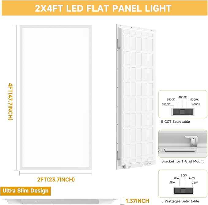4 Pack 2x4 LED Flat Panel Light Drop Ceiling Office Fixture,Surface Mount Drop Ceiling Fixture,9576LM, 30W/40W/50W/60W/72W Selectable,3000K/3500K/4000K/5000K/6500K 5CCT,Dimmable (0-10V),ETL Listed