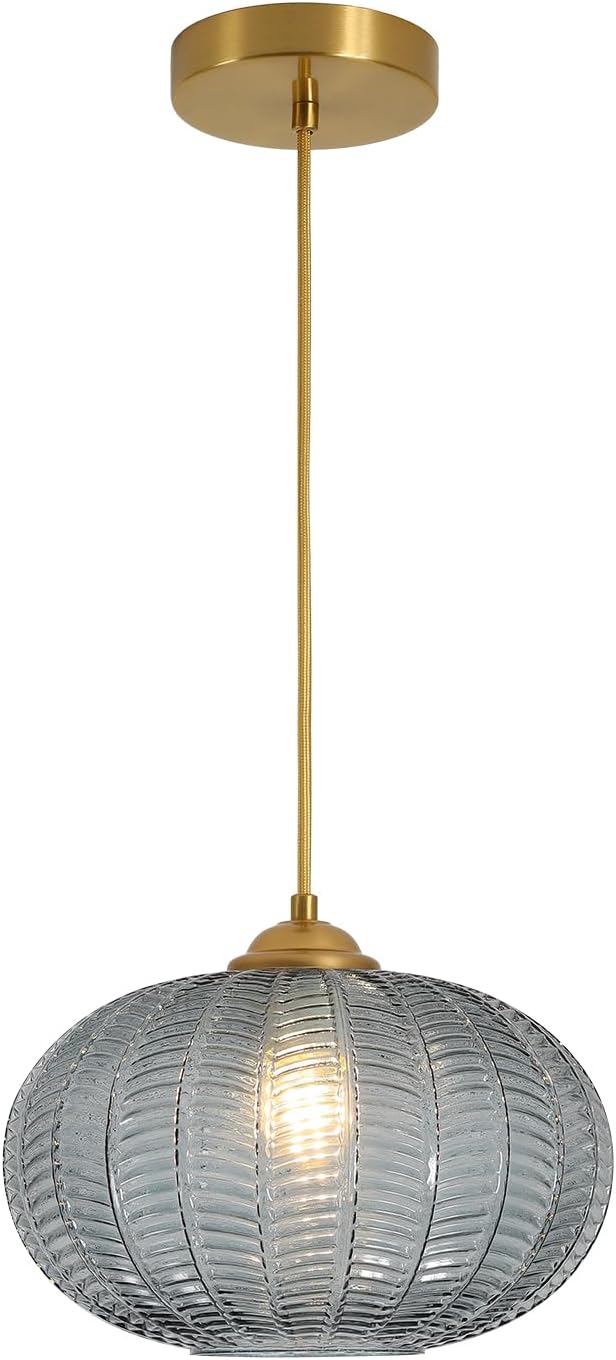 KCO Lighting Large Glass Pendant Lights Kitchen Island Brass Gold Pendant Light Gold Globe Hanging Light Smoked Striped Glass Pendant Light Mid Century Modern Dining Room Light Fixture
