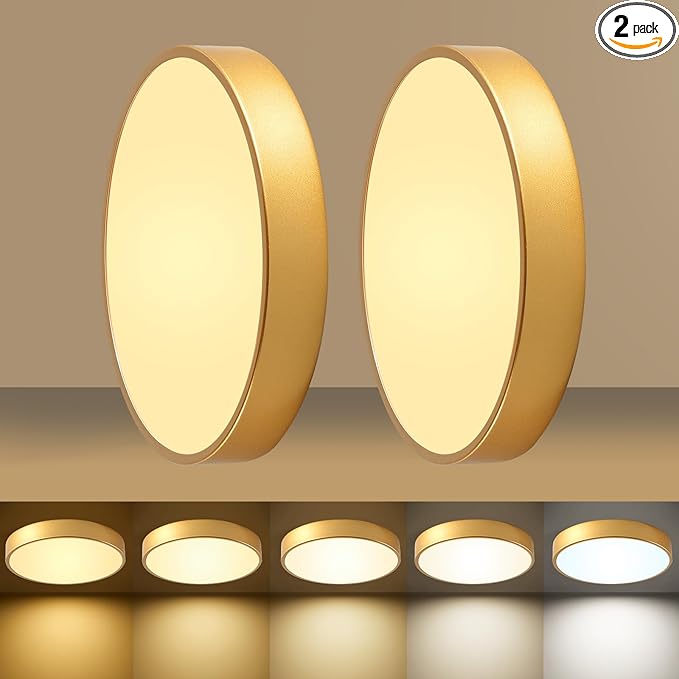 24W Dimmable Ceiling Light Fixture, 12 inch Flush Mount Light Fixture, LED Ceiling Lights Bedroom, Kitchen, Entryway, Super Bright 2700 Lumens, 300W Equivalent 5CCT(2700k-5000k) 2 Pack Gold