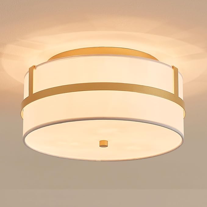 Modern Flushmount Ceiling Light, Chic Style Close to Ceiling Light Fixture for Living Room, Bedroom, Dining Room, Kitchen, D12 x 5.9 in, Drum Shape, White Fabric Lampshade & Gold Finish Frame