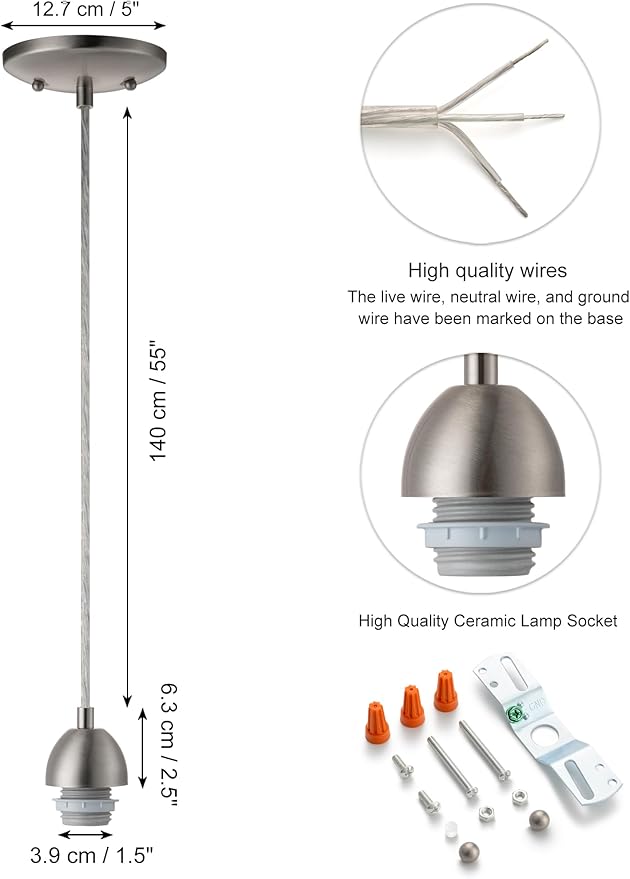 Brushed Nickel Pendant Light Kit, Mini Pendant Lighting for Kitchen Island, DIY Make Modern & Industrial & Farmhouse Hanging Lights, Adjustable Height, 1 Pack（Shade and Bulb Not Included）