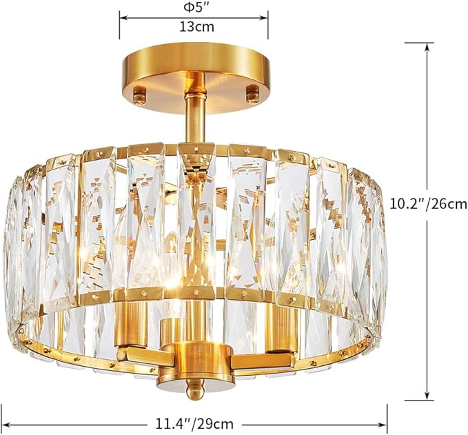 AGV LIGHTING CL003CO Crystal Semi Flush Mount Ceiling Light Fixture, E12 Base 3-Lights, D13 x H15, Copper Finish