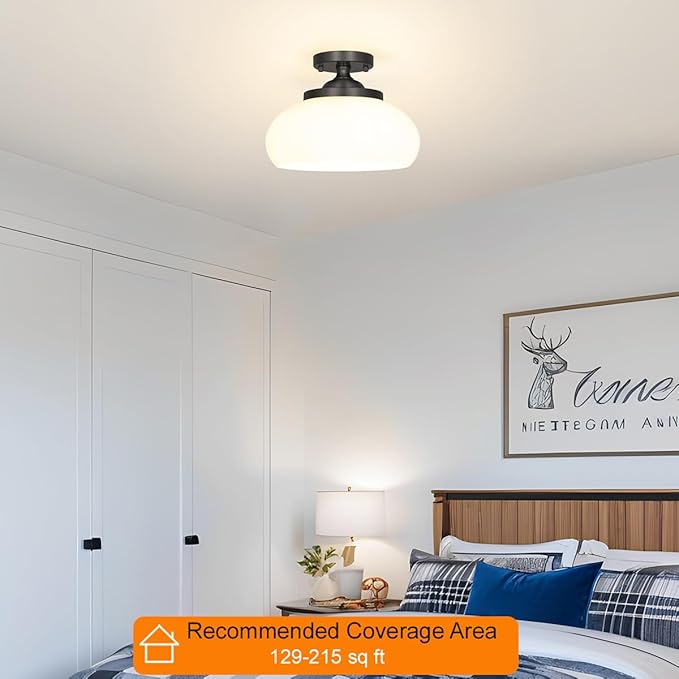 Black Semi Flush Mount Ceiling Light - Entryway Light Fixture with Triple E12 Sockets - 12" Diameter Milk White Glass Shade for Soft, Uniform Lighting - Easy Mount Installation for Any Room