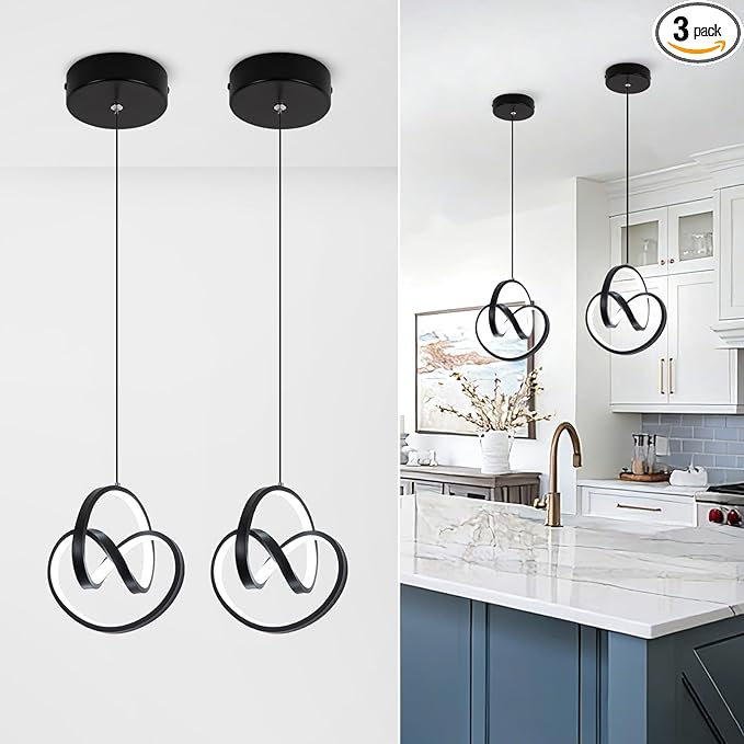 Modern LED Pendant Light Fixtures 4000K Pendant Lights Kitchen Island Lighting Adjustable Height Black Hanging Lamp for Dining Room Bedroom Living Room,2 Packs
