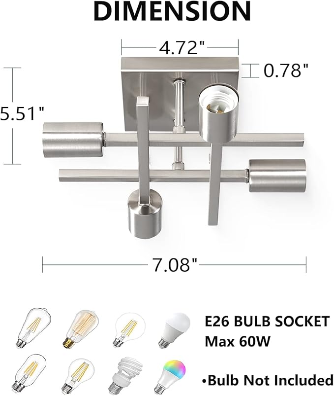 4-Light Semi Flush Mount Ceiling Light, Modern Brushed Nickel Close to Ceiling Light Fixtures, Easy Assembled, House Indoor Ceiling Lights for Bedroom Living Room Entryway