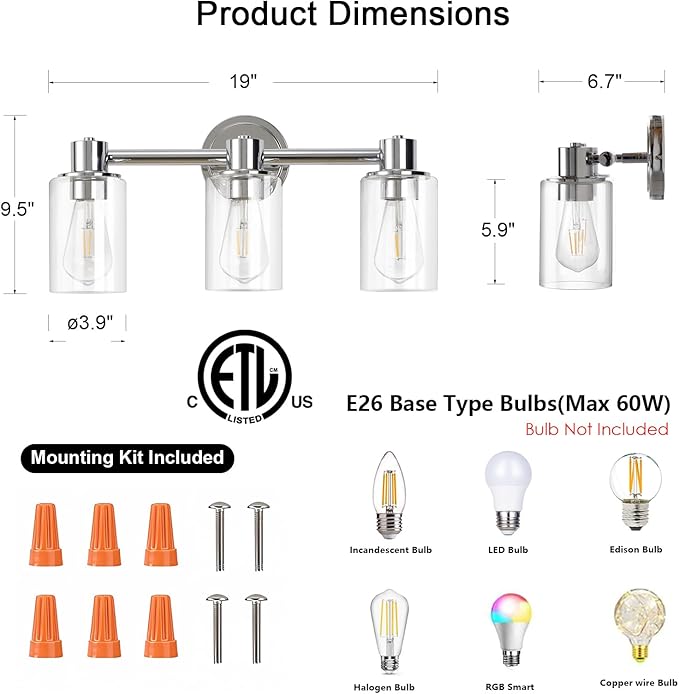 3 Light Bathroom Wall Light Fixtures Chrome Bathroom Wall Sconce with Clear Glass Lights Over Mirror Vanity Lights E26 Base