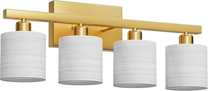PARTPHONER Bathroom Light Fixtures, Bathroom Lighting Fixtures Over Mirror, Interior Classic Vanity Lights, Modern Vanity Light with Textured White Glass Shade, Brushed Gold, 4-Light