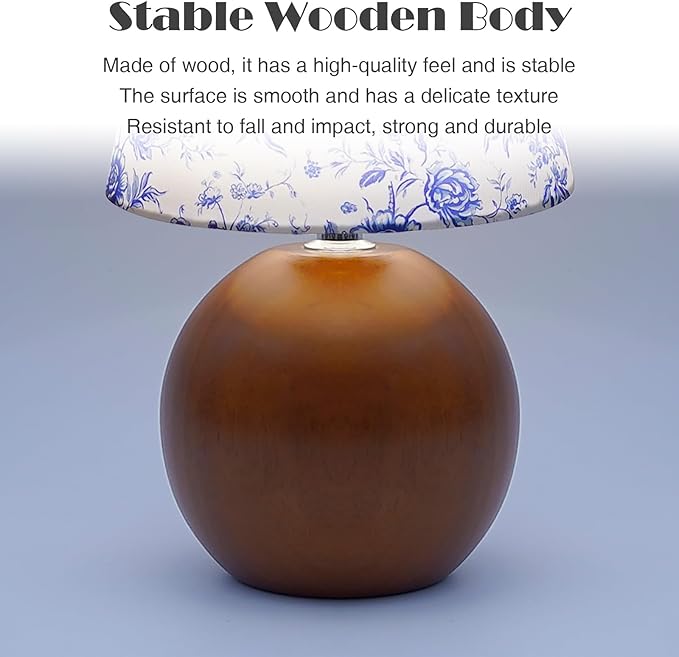 Vintage Wooden Base Fabric Table Lamp, Adjustable Light Color and Brightness with Power-Off Memory, Safe USB Powered, Retro Style LED Light for Bedroom Living Room Office (Blue Flowers)