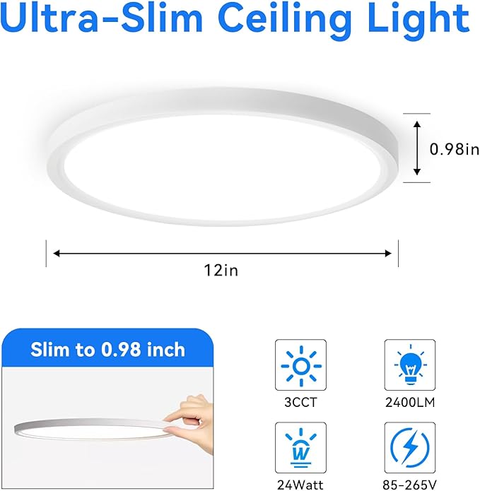 6PK 12 inch LED Flush Mount Ceiling Light Fixture,24W Super Slim LED Ceiling Light 2400LM,3000K/4000K/6000K CCT Selectable,Close to Ceiling Round Flat Panel Light for Bedroom,Kitchen,Hallway