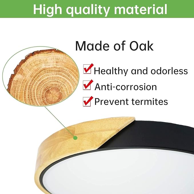 Wood LED Flush Mount Ceiling Light, 3CCT 3000K-6500K Modern Black Close to Ceiling Lighting Fixtures, Minimalist Round Ceiling Light for Bedroom, Kitchen, Hallway, Laundry Room, Not Dimmable