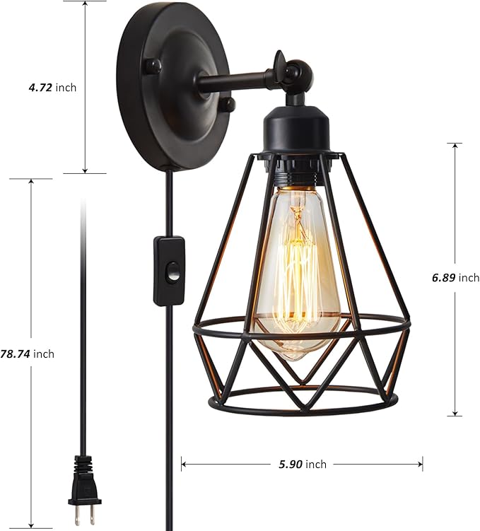 Plug in Wall Sconce, Industrial Sconces Wall Lighting, Vintage Wall Lamp with Plug in Cord, Rustic Black Sconce Fixture, On/Off Switch Sconce Light Fixture for Kitchen Bedroom Porch 2 Pack
