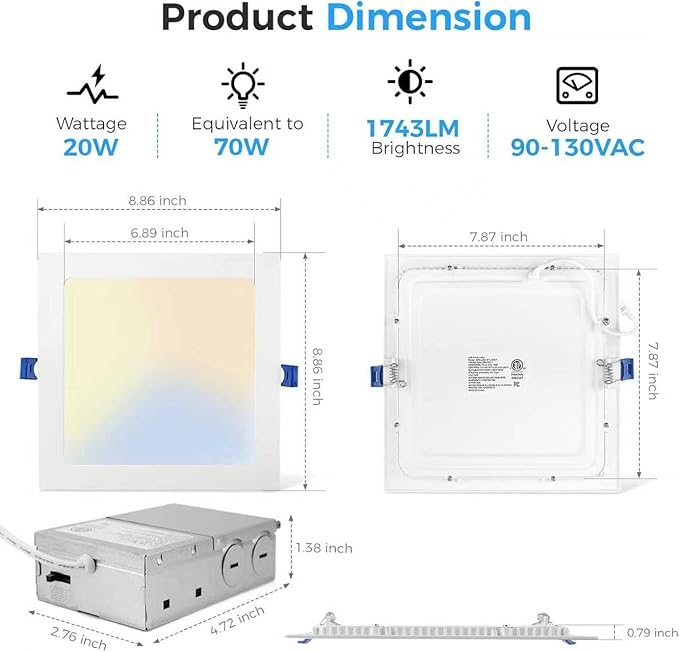 HONZIN 2 Pack 8 Inch Square LED Recessed Lighting, Ultra-Thin Canless Ceiling Light, 5CCT Selectable 2700K/3000K/3500K/4000K/5000K, 20W Dimmable, IC Rated with Junction Box, White Trim