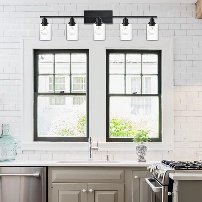 VINLUZ Bathroom Lighting Fixtures Over Mirror Matte Black,5-Lights Farmhouse Vanity Lights Wall Mount Light Fixture for Porch Workshop