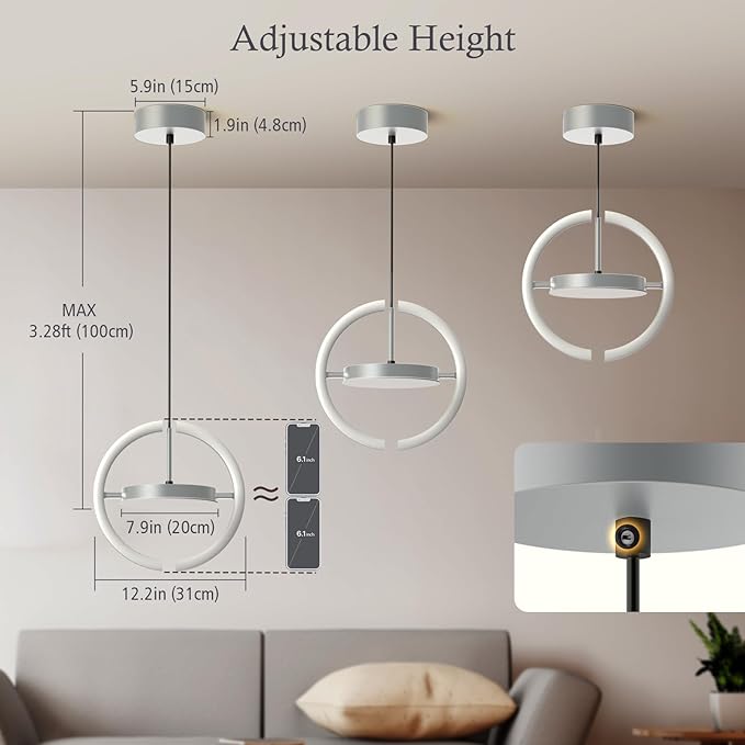 FIMEI LED Saturn Pendant Lights, 3000-6000K Dimmable Adjustable Hanging Chandelier Saturn Ring Design for Dining Room Kitchen Island Entryway Bedroom Foyer Black (Gray, 1)