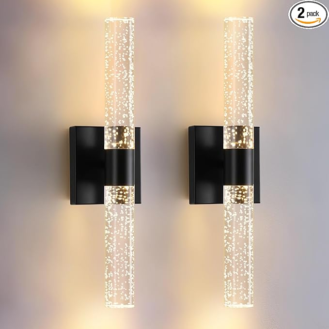 Black Modern LED Wall Sconces Set of Two 3000K-6000K Crystal Bathroom Sconce Lights 12W LED Vanity Light Bar Wall Lights for Bedroom Living Room, 18 Inch, 3 Color Temperature Adjust
