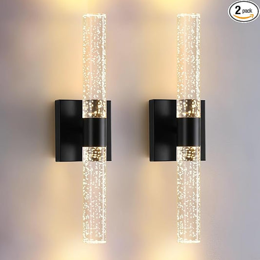 Black Modern LED Wall Sconces Set of Two 3000K-6000K Crystal Bathroom Sconce Lights 12W LED Vanity Light Bar Wall Lights for Bedroom Living Room, 18 Inch, 3 Color Temperature Adjust